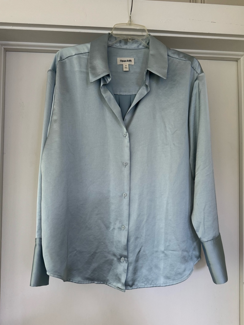 Open Edit Sz M pale blue satin long sleeve buttondown